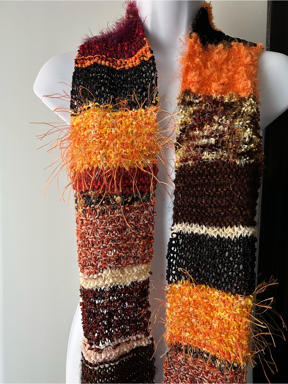 Handcrafted Orange & Brown Textured Knit Scarf